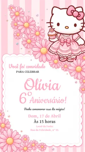 Convite de Aniversário Hello Kitty Rosa e Floral Editável