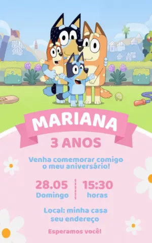 Convite Digital Aniversário Infantil Bluey Rosa Editável