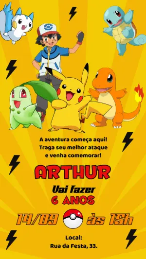 Convite de Aniversário Pokémon com Ash e Pikachu para Editar