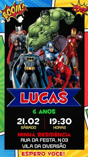 Convite de Aniversário Super-Heróis Estilo Gibi Editável