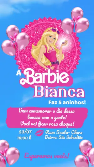 Convite de Aniversário Barbie Rosa com Glitter para Editar