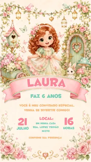 Convite Aniversário Jardim Encantado Ruiva para Editar