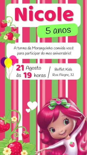 Convite Aniversário Moranguinho para Editar Online