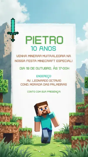 Convite de Aniversário Minecraft com Personagens para Editar