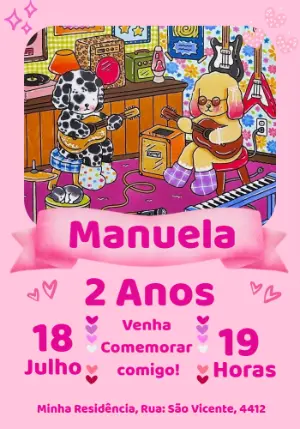 Convite Aniversário Cachorrinhos Músicos para Editar Online