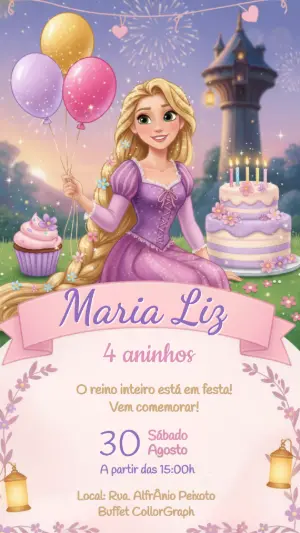 Convite Digital Aniversário Rapunzel Lilás e Rosa para Editar