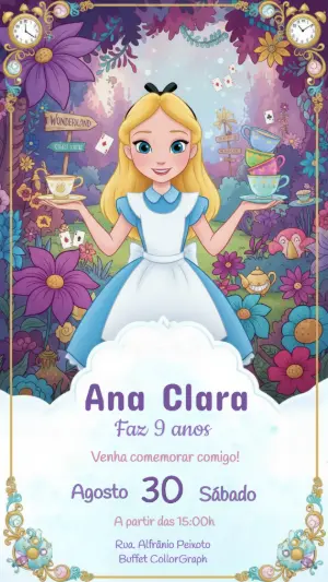 Convite de Aniversário Alice no País das Maravilhas Editável
