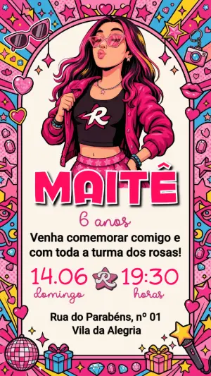 Convite Digital Aniversário Influencer Dos Rosa Editável