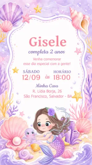 Convite de Aniversário Sereia Aquarela Editável