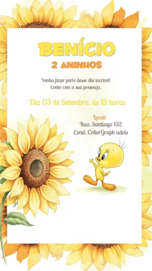 Convite Aniversário Piu Piu e Girassol para Editar Online