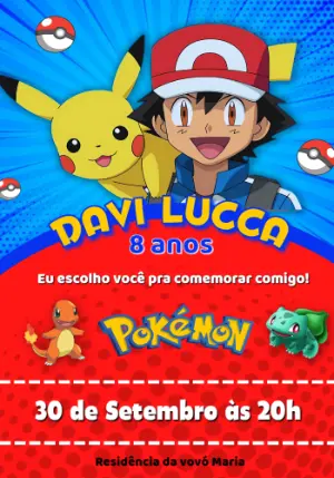 Convite de Aniversário Pokémon com Ash e Pikachu para Editar