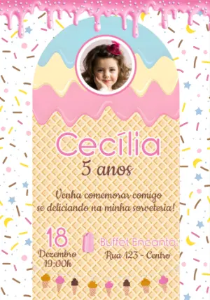 Convite de Aniversário Sorveteria Doce e Colorido para Editar
