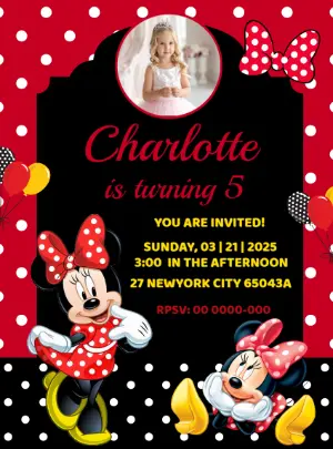 Editable Minnie Mouse Birthday Invitation with Red Polka Dots