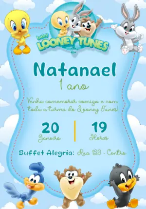 Convite de Aniversário Baby Looney Tunes Azul para Editar