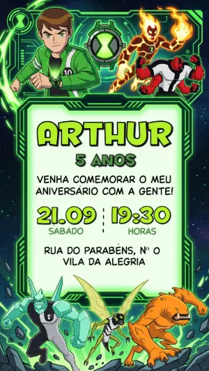 Convite de Aniversário Ben 10 Verde para Editar