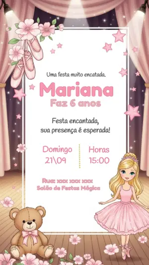 Convite de Aniversário Bailarina Delicado para Editar Online