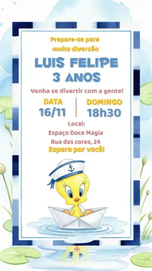 Convite de Aniversário Piu-Piu Marinheiro para Editar Online
