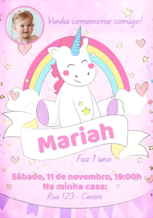 Convite Aniversário Unicórnio com Foto para Editar Online