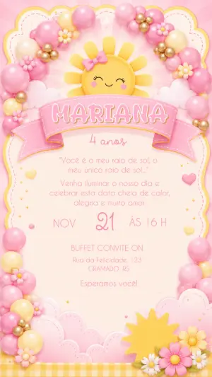 Convite de Aniversário Meu Raio de Sol Editável para Menina