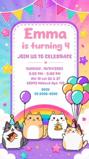 Cute Cat Rainbow Birthday Invitation Editable Template