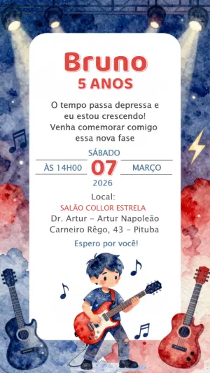 Convite de Aniversário Infantil Tema Rock Star Editável