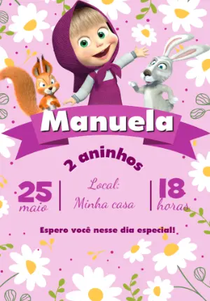 Convite Digital Masha e o Urso Rosa Floral para Editar