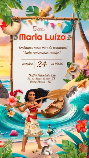 Convite de Aniversário Moana Aventura no Mar para Editar