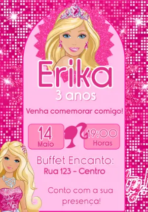 Convite de Aniversário Barbie Rosa com Glitter para Editar