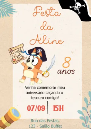 Convite de Aniversário Bluey Pirata para Editar Online
