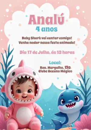 Convite de Aniversário Baby Shark Rosa para Editar Online