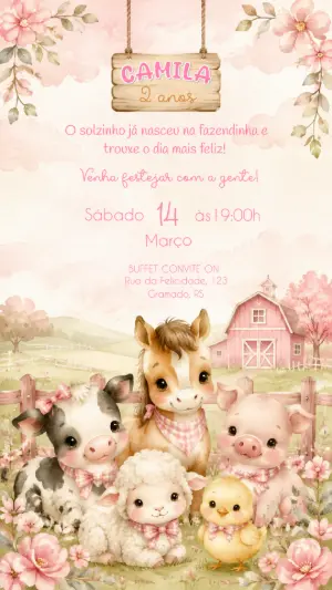 Convite de Aniversário Fazendinha Rosa para Editar