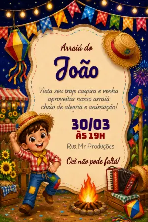 Convite de Festa Junina Infantil Ilustrado para Editar