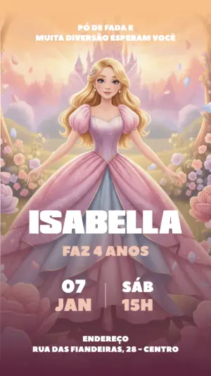 Convite de Aniversário Princesa Fada Rosa Modelo Editável