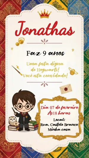 Convite de Aniversário Harry Potter Chibi Editável