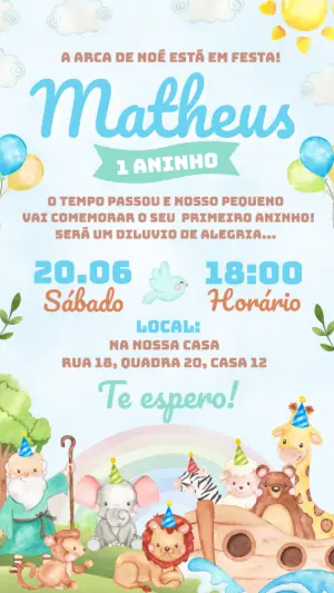 Convite de Aniversário Arca de Noé Fofo para Editar