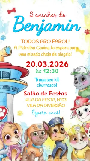 Convite de Aniversário Patrulha Canina Colorido para Editar