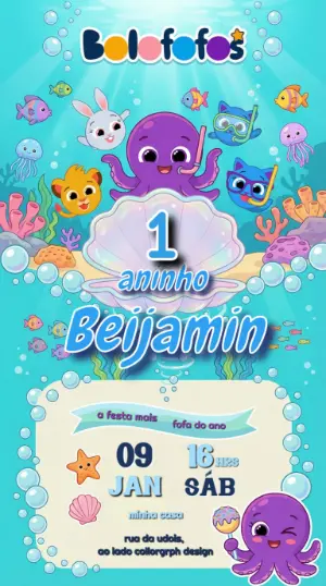 Convite de Aniversário Bolofofos Fundo do Mar Editável