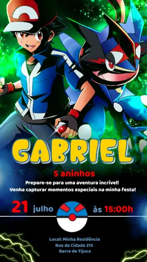 Convite de Aniversário Pokémon com Ash e Greninja para Editar