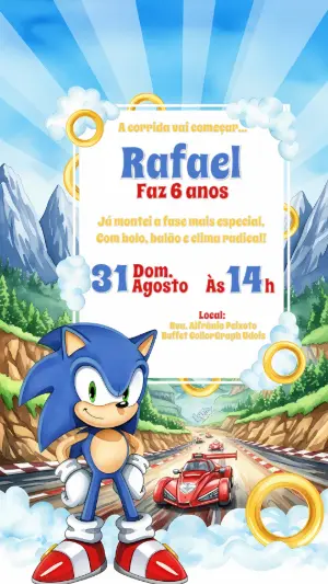 Convite de Aniversário Sonic Corrida para Editar e Enviar Online