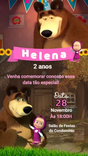 Convite Animado Aniversário Masha e o Urso para Editar Online