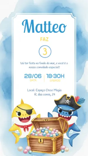 Convite Aniversário Baby Shark Pirata para Editar Online