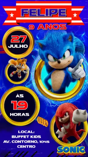Convite Animado Aniversário Sonic para Editar Online
