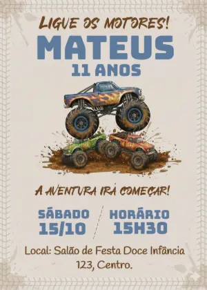 Convite de Aniversário Monster Truck Radical para Editar