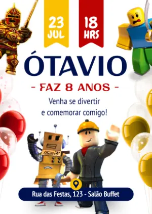 Convite de Aniversário Roblox com Personagens em Ação para Editar