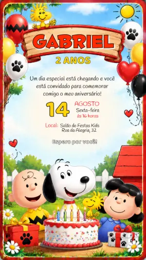 Convite de Aniversário Snoopy e sua Turma para Editar