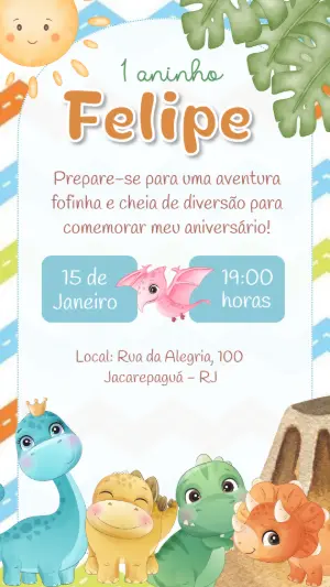 Convite de Aniversário Dino Baby Fofo para Editar Online