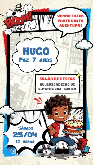 Convite de Aniversário Herói Quadrinhos Modelo Editável