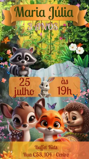 Convite Animado Aniversário Bosque Encantado Fofo para Editar