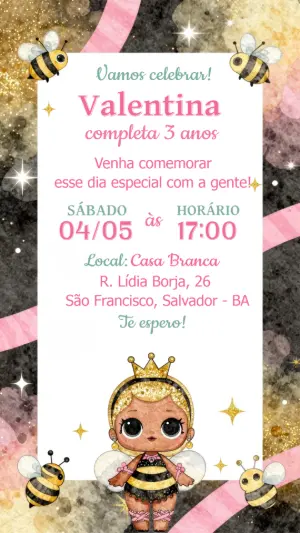 Convite de Aniversário Abelhinha Rainha Rosa e Dourado Editável