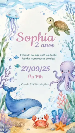 Convite Animado Aniversário Fundo do Mar Aquarela